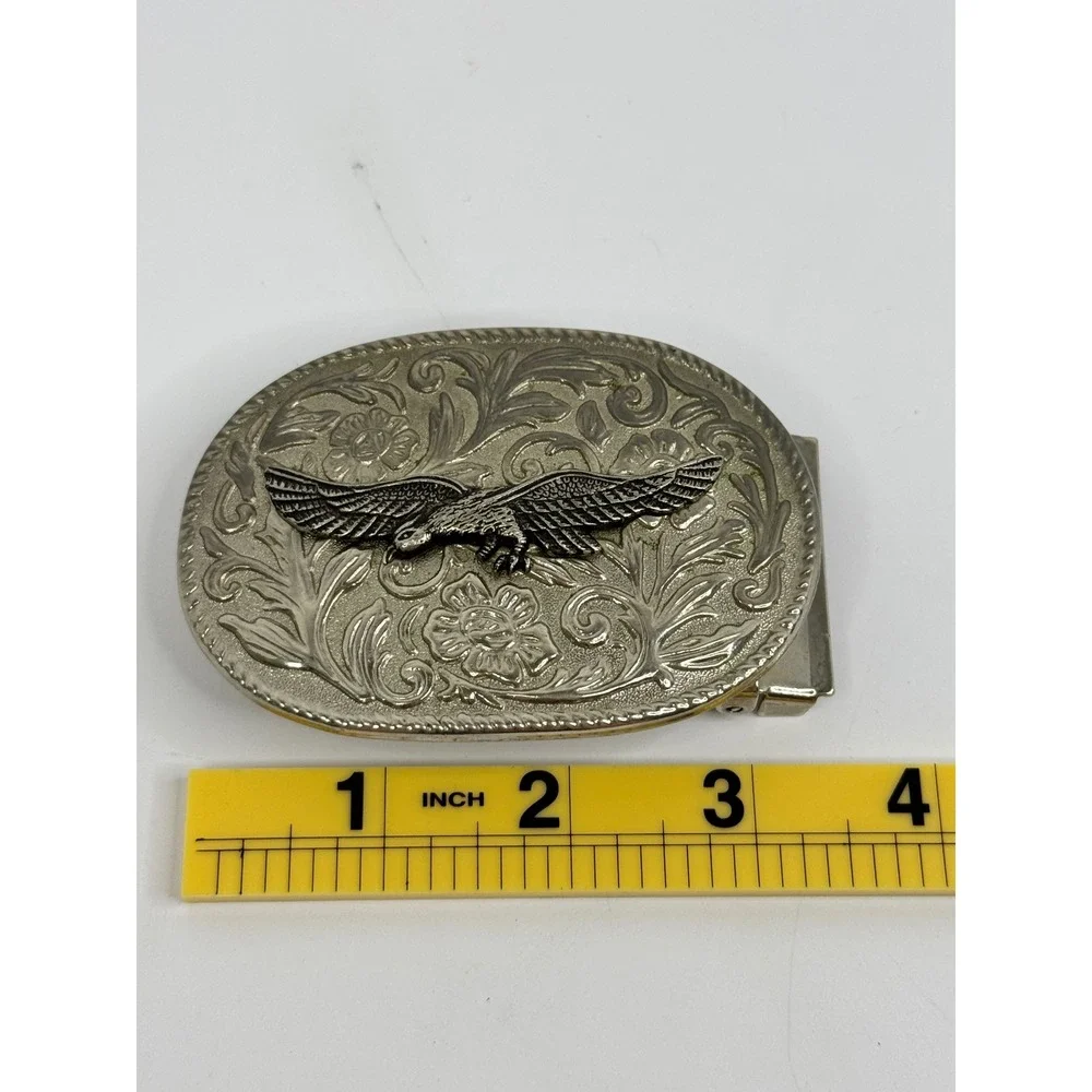 Vintage Silver Tone Eagle Floral Embossed Oval Western Belt Buckle Cowgirl Rodeo